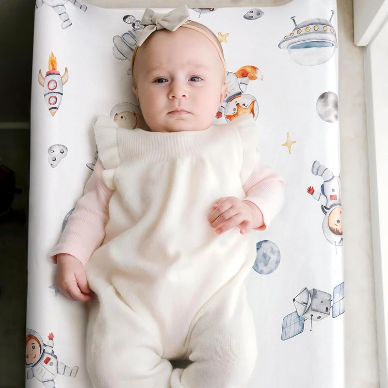 GRSSDER Stretch Ultra Soft Jersey Knit Changing Pad Cover Set 2 Pack, Change Table Pad Covers Fit 32"/34" x 16" Pads Safe and Snug, Space Print for Boys and Girls - Image 5